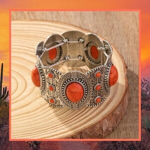 Bohemian Stretch Cuff Bracelet - Orange, Silver